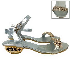 Jeweled Heel Sandal Ankle Strap Buckle Silver And Gold Womens Size 40 US 9.5